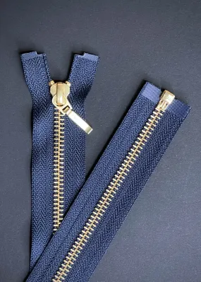 YKK, Open Ended Zip Drop Pull. Brass. Navy. 100cm